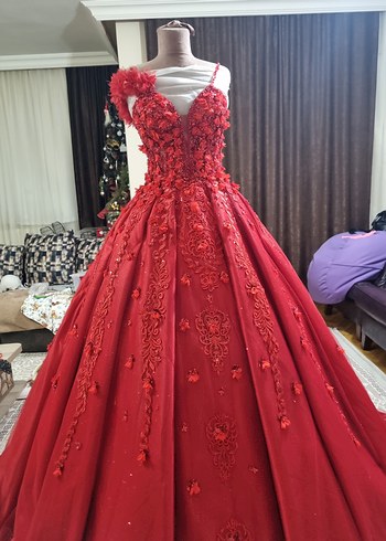 Kırmızı İşlemeli Boncuklu Straplez Nişan Elbisesi - Görsel 7