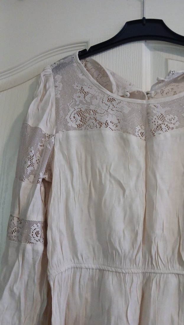 Dantel Detaylı Bej Keten Tunik Bluz - Görsel 2