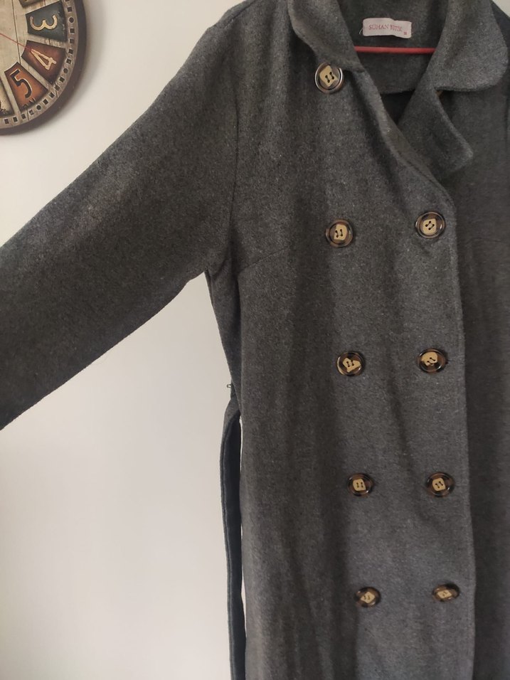 Uzun Gri Çift Düğmeli Kaban - Görsel 5