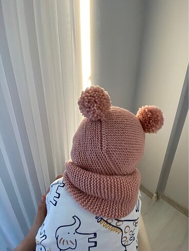 1-2 Yaş, 19 cm Beden camel Renk Bebek el işi şapka ve boyunluk