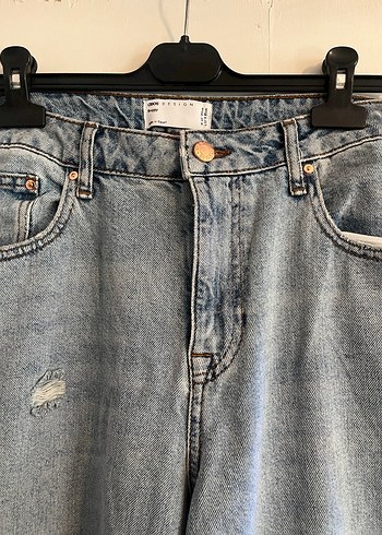 Düğmeli Loose Fit Mavi Kadın Kot Pantolon