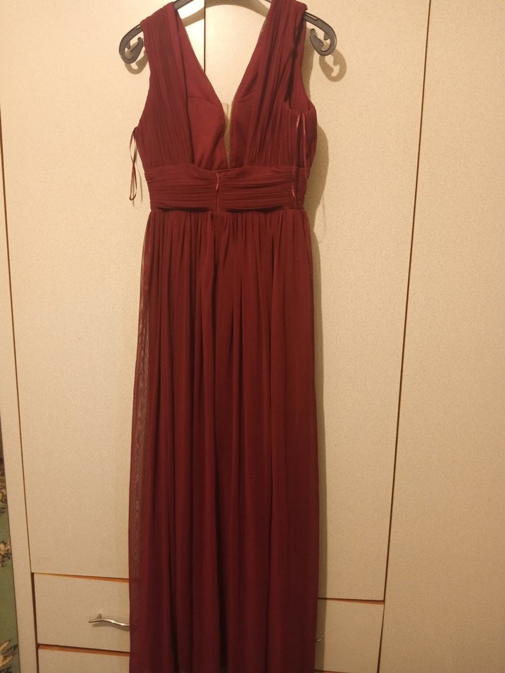 Bordo V Yakalı Uzun Drapeli Abiye Elbise - Görsel 3