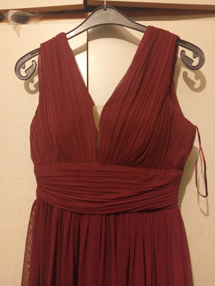 Bordo V Yakalı Uzun Drapeli Abiye Elbise - Görsel 2