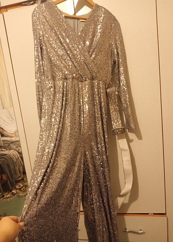 Uzun Kollu Drapeli Gold Abiye Elbise - Görsel 2