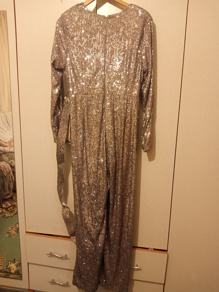 Uzun Kollu Drapeli Gold Abiye Elbise - Görsel 3