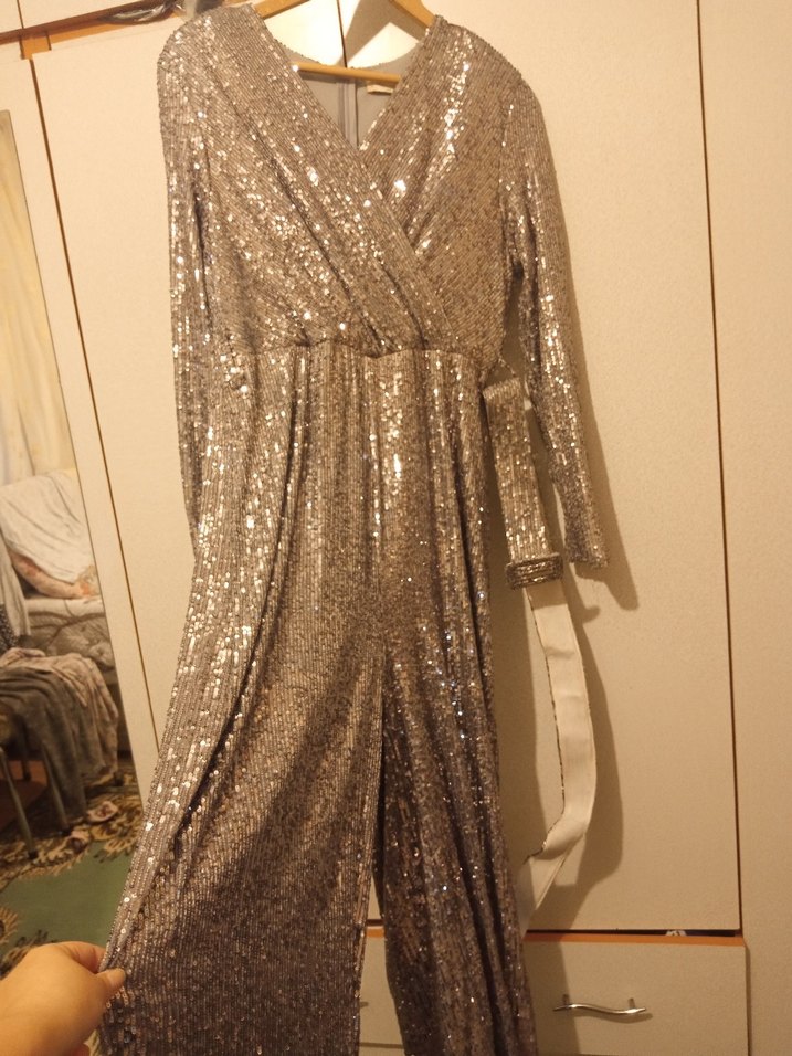 Uzun Kollu Drapeli Gold Abiye Elbise - Görsel 2