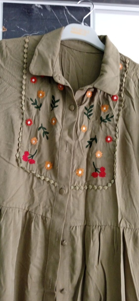 Nakışlı Bej Uzun Keten Elbise - Görsel 2