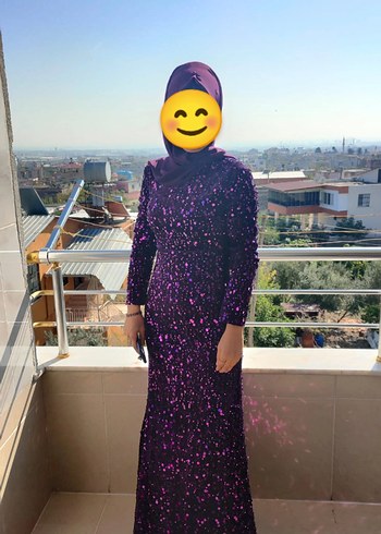 s Beden mor Renk Mor Uzun Kollu Payetli Abiye Elbise