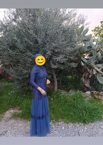 s Beden mavi Renk Uzun Kollu Lacivert İşlemeli Bohem Elbise