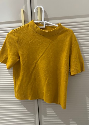 Sarı Kısa Kollu Keten Kadın Tişört - Görsel 2