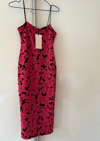 Zara Bordo Straplez Desenli Uzun Kalem Elbise