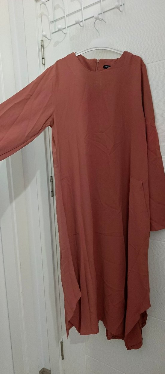 Kadın Bej  kiremit Uzun Kollu Salaş Elbise - Görsel 2