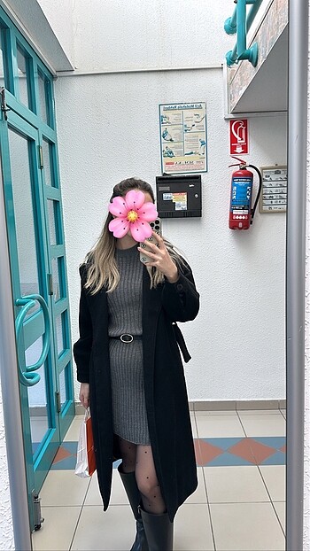 36 Beden siyah Renk Siyah Toka Detaylı Kuşaklı Regular Kaban