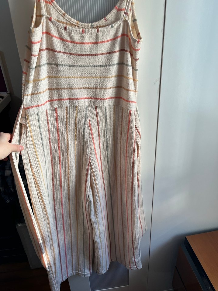 Beyaz Çizgili Bohem Uzun Keten Tulum - Görsel 2