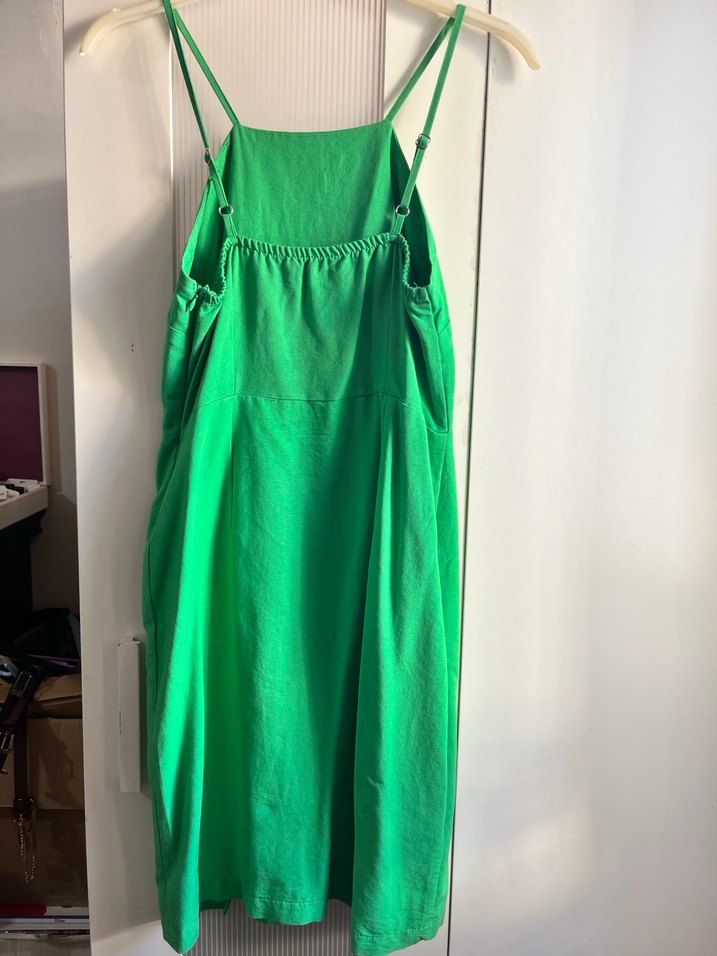 Yeşil Midi Keten Elbise - Görsel 2