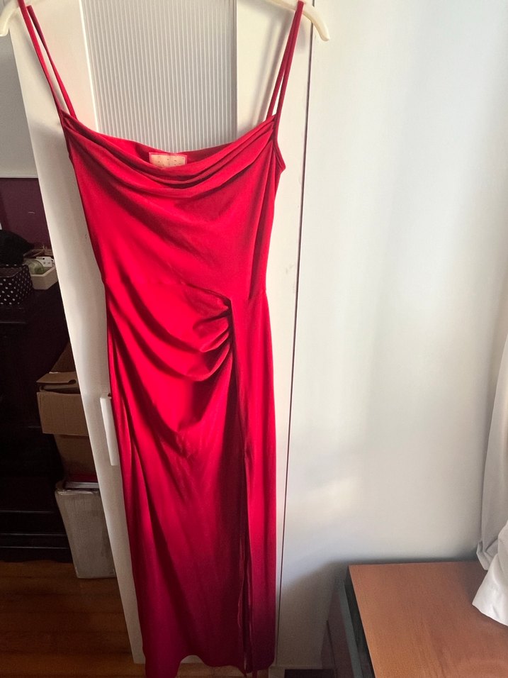 Kırmızı Drapeli Uzun Kadın Elbise - Görsel 2