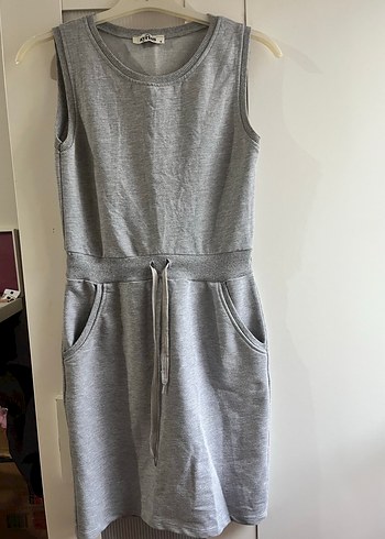 Gri Kolsuz Midi Keten Elbise - Görsel 2