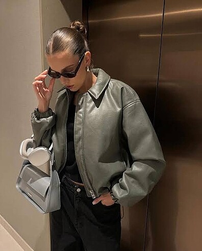 Zara suni deri haki bomber ceket