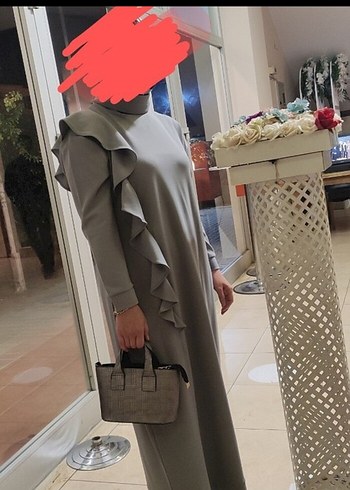 Gri Uzun Kollu Fırfırlı Salaş Elbise