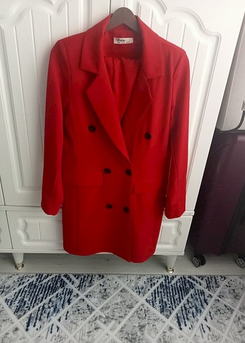 Kırmızı Uzun Kollu Kadın Blazer pantolon takım