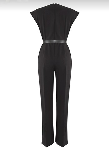 Kemerli Kruvaze Yaka Geniş Paça Tulum - Görsel 4