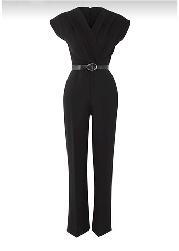 Kemerli Kruvaze Yaka Geniş Paça Tulum - Görsel 2