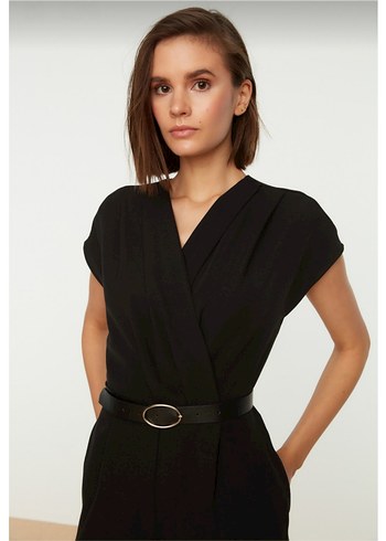 Kemerli Kruvaze Yaka Geniş Paça Tulum - Görsel 5