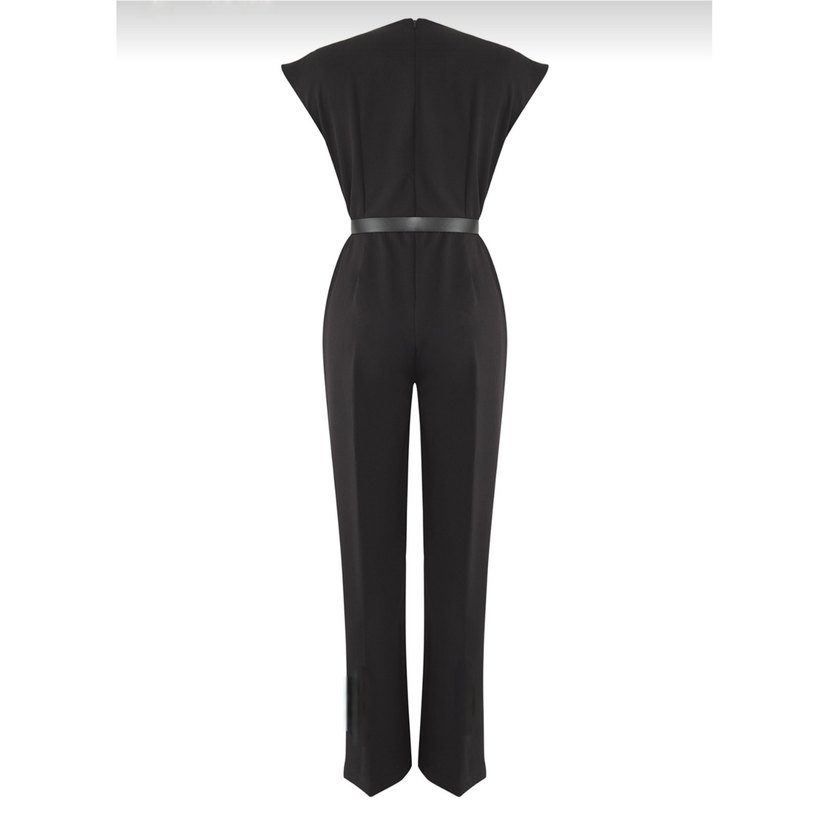 Kemerli Kruvaze Yaka Geniş Paça Tulum - Görsel 4