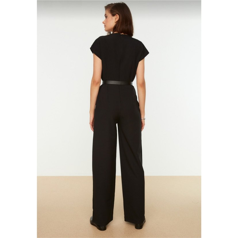 Kemerli Kruvaze Yaka Geniş Paça Tulum - Görsel 3