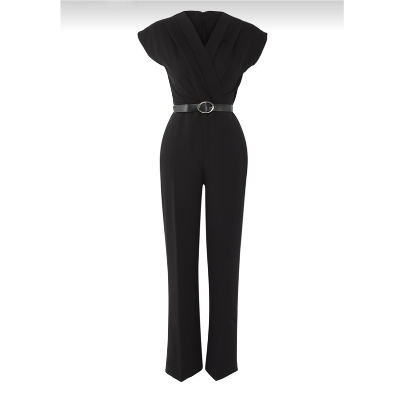 Kemerli Kruvaze Yaka Geniş Paça Tulum - Görsel 2