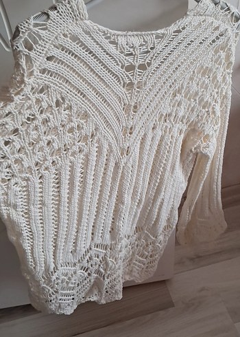 Bohem Beyaz Örgü Kolsuz Kadın Kazak - Görsel 3