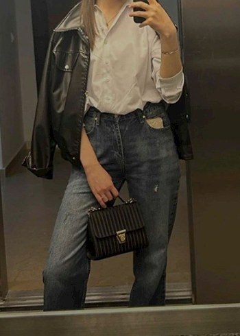 Gri Mavi Düğmeli Kadın Denim Jean - Görsel 2