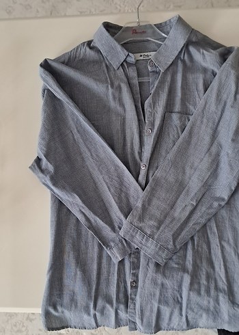 Gri Uzun Kollu Keten Kadın Gömlek - Görsel 3