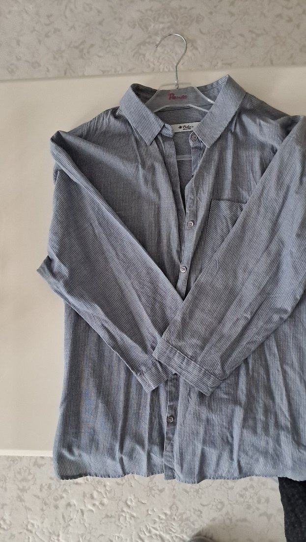 Gri Uzun Kollu Keten Kadın Gömlek - Görsel 3