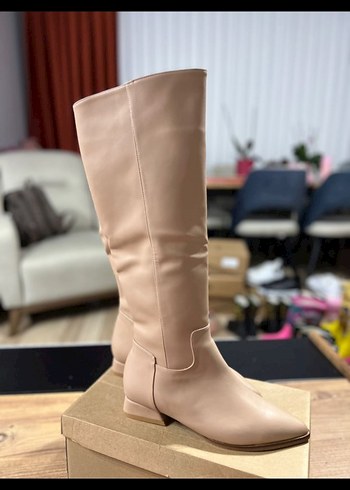 Bej Kadın Deri Dizüstü Topuklu Çizme - Görsel 3