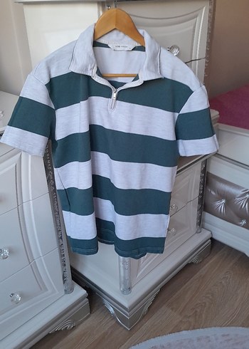 yesil Çizgili fermuar yakali Polo Tişört - Görsel 4