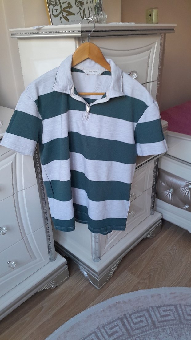 yesil Çizgili fermuar yakali Polo Tişört - Görsel 4