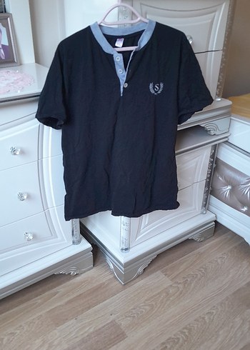 Siyah Denim Polo Tişört, Kısa Kollu, Düğmeli