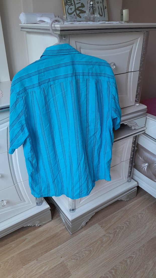 Mavi Kısa Kollu Düğmeli Erkek Gömlek - Görsel 2