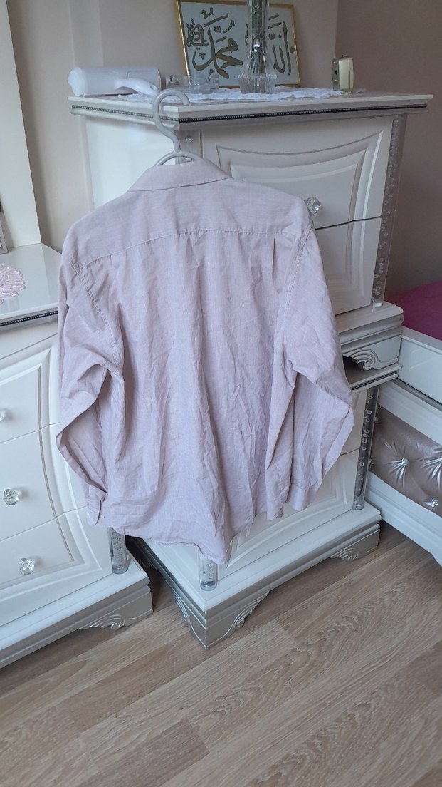 Bej Keten Erkek Gömlek, Uzun Kollu, Düğmeli - Görsel 2