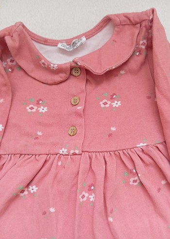 Pembe Çiçekli Fırfırlı Uzun Kollu Kız Elbisesi - Görsel 3