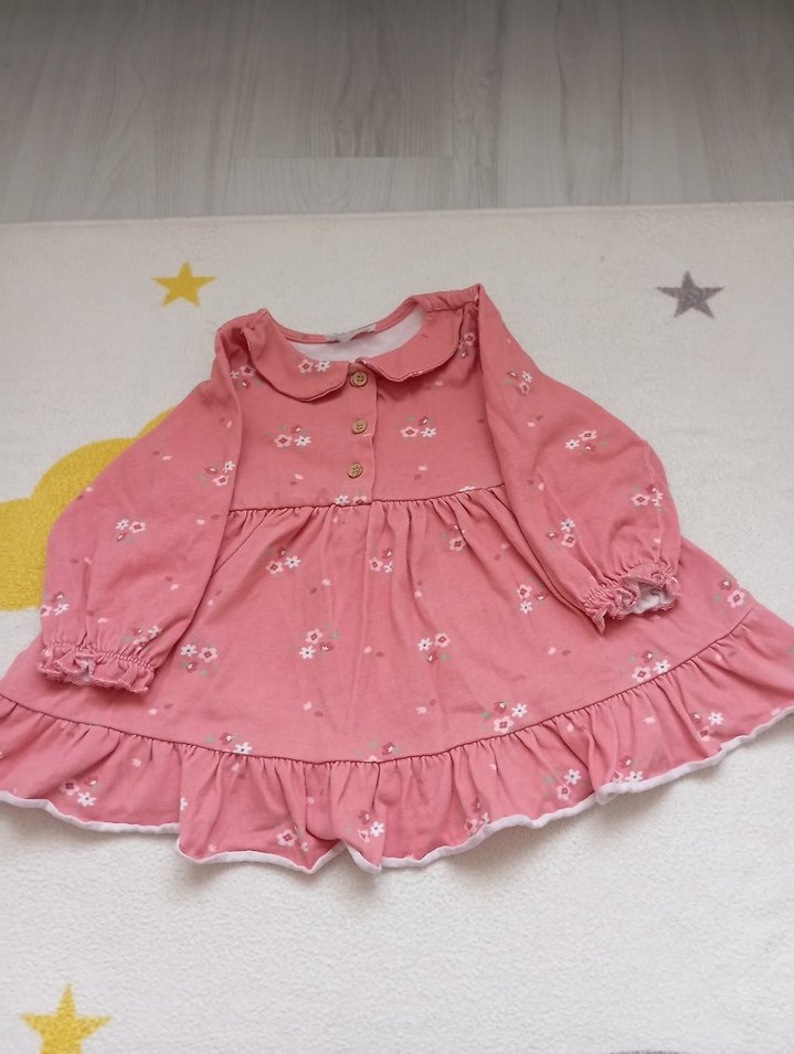 Pembe Çiçekli Fırfırlı Uzun Kollu Kız Elbisesi - Görsel 2