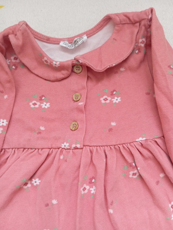 Pembe Çiçekli Fırfırlı Uzun Kollu Kız Elbisesi - Görsel 3