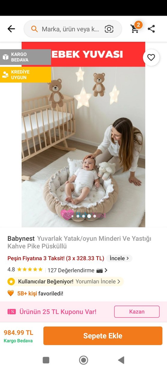Babynest Yuvarlak Bebek Yatağı Kahve Pike Püsküllü - Görsel 2