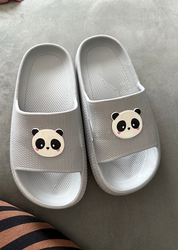 Gri Beyaz Platform Kadın Terlik Panda Desenli