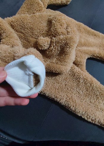 Kahverengi Peluş Bebek Tulumu Kapüşonlu - Görsel 4