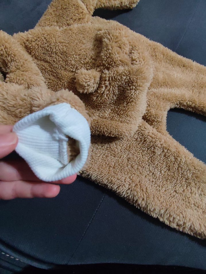 Kahverengi Peluş Bebek Tulumu Kapüşonlu - Görsel 4