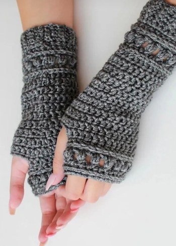 Gri Bohem Örgü Parmaksız Eldiven - Görsel 2