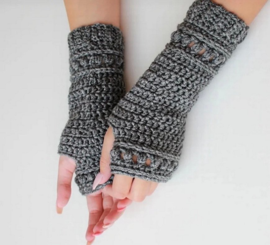 Gri Bohem Örgü Parmaksız Eldiven - Görsel 2