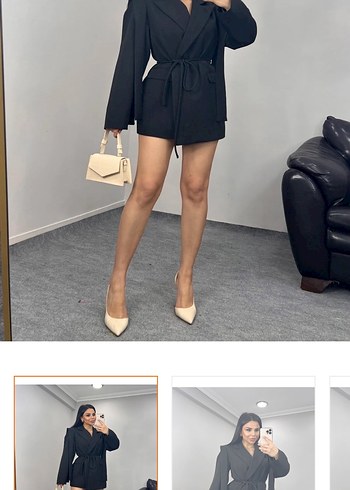 m Beden Kemerli Siyah Mini Kadın Blazer